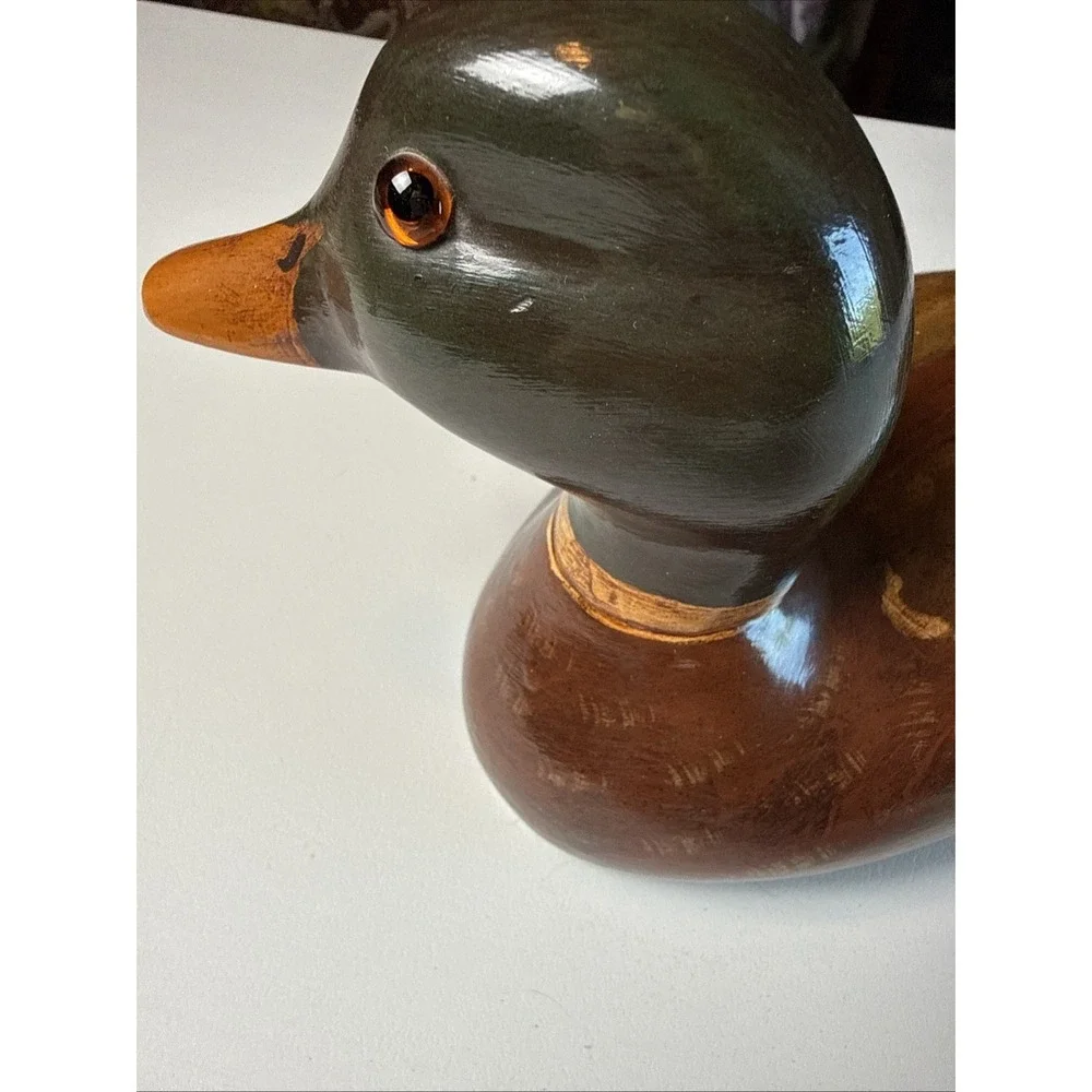 Vintage Hand Carved Painted Mallard Duck Decoy Wood Glass Eyes Folk Art Decor